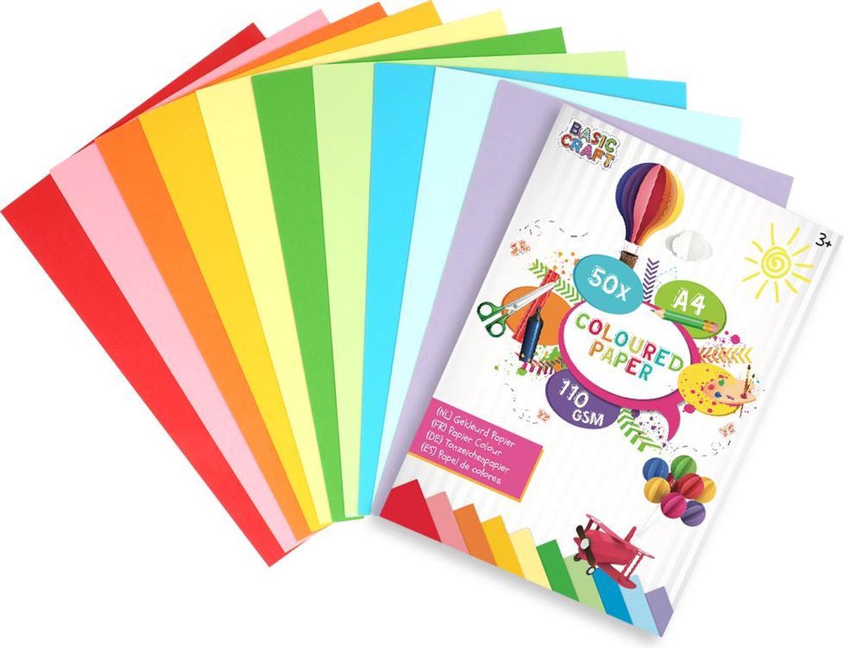 Gekleurd papier | Formaat A4 | 50 vellen | 110 gram | 10 verschillende kleuren | Hobbypapier | creatief voor kinderen